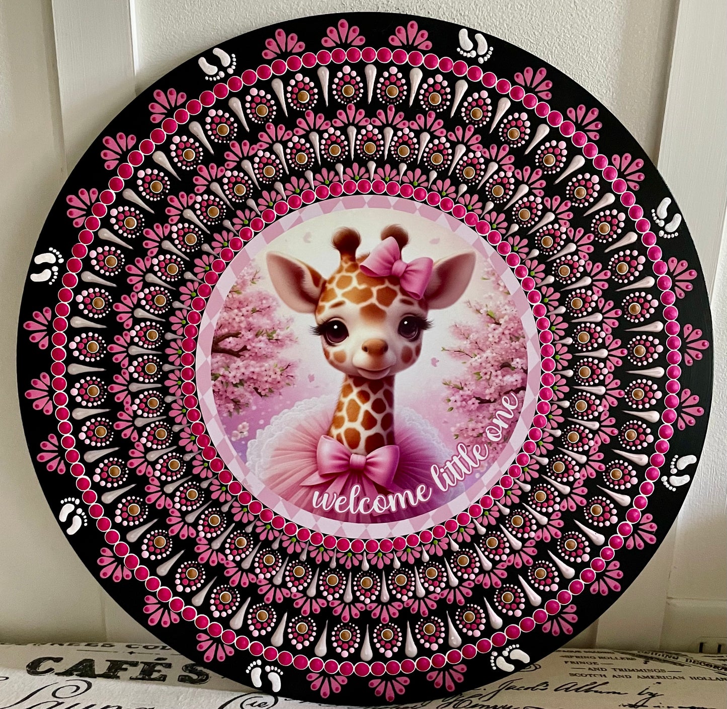 Hand painted baby girl plaque on a 16 inch wood round 