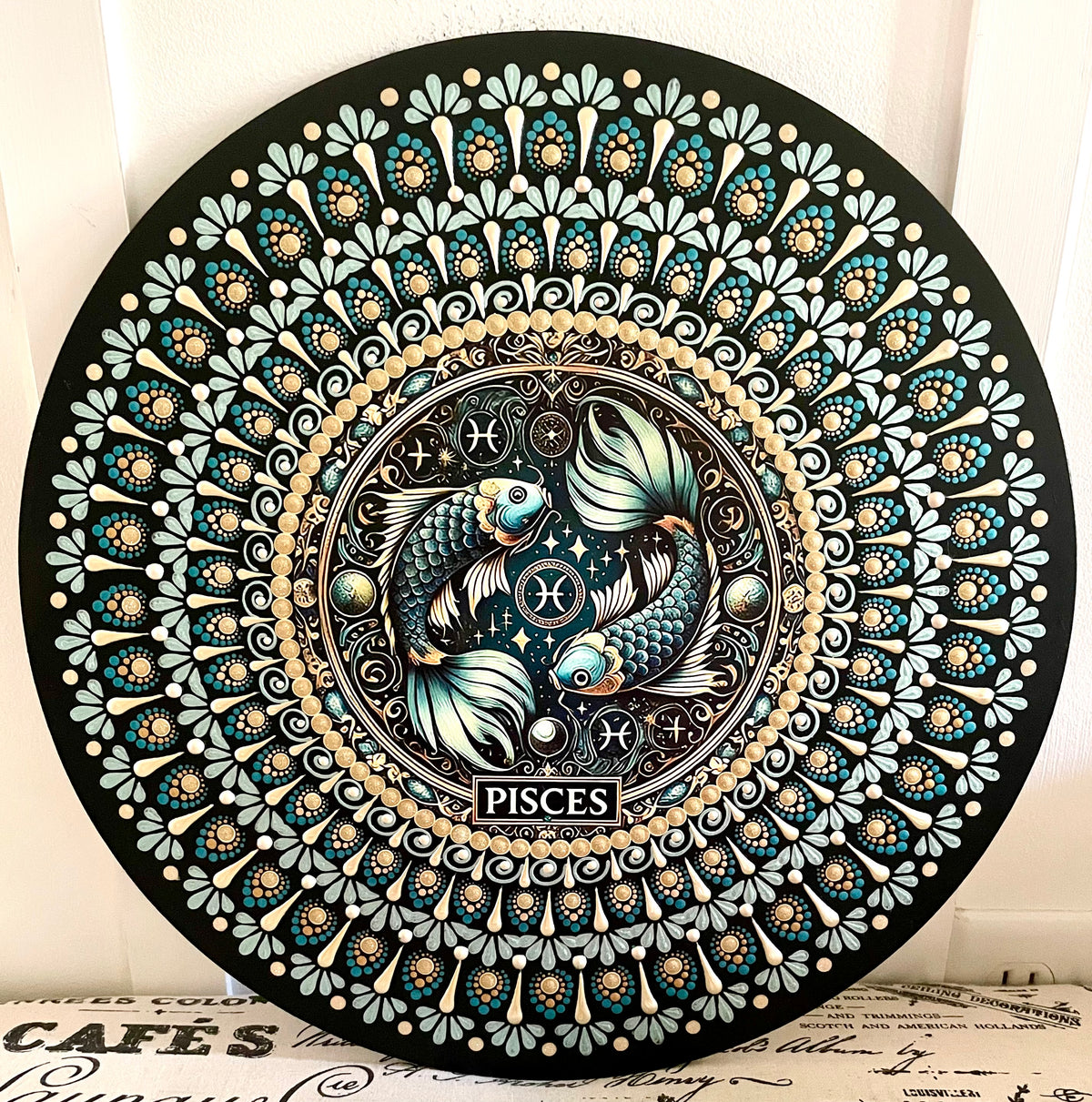 Hand painted Pisces plaque on 16 inch wood round