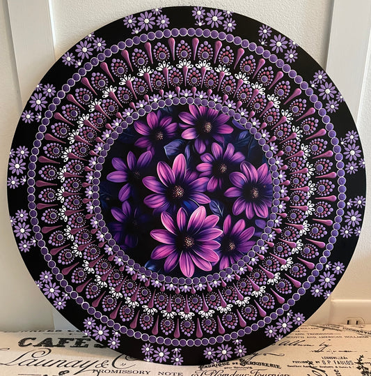 Handpainted purple daisy plaque on a 16 inch wood round