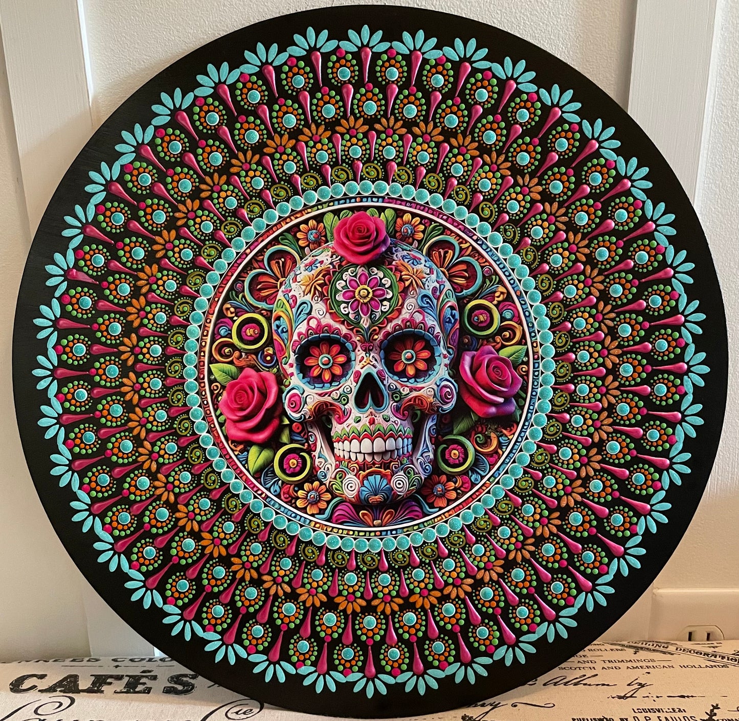 Handpainted Sugar Skull on 16 inch wood round