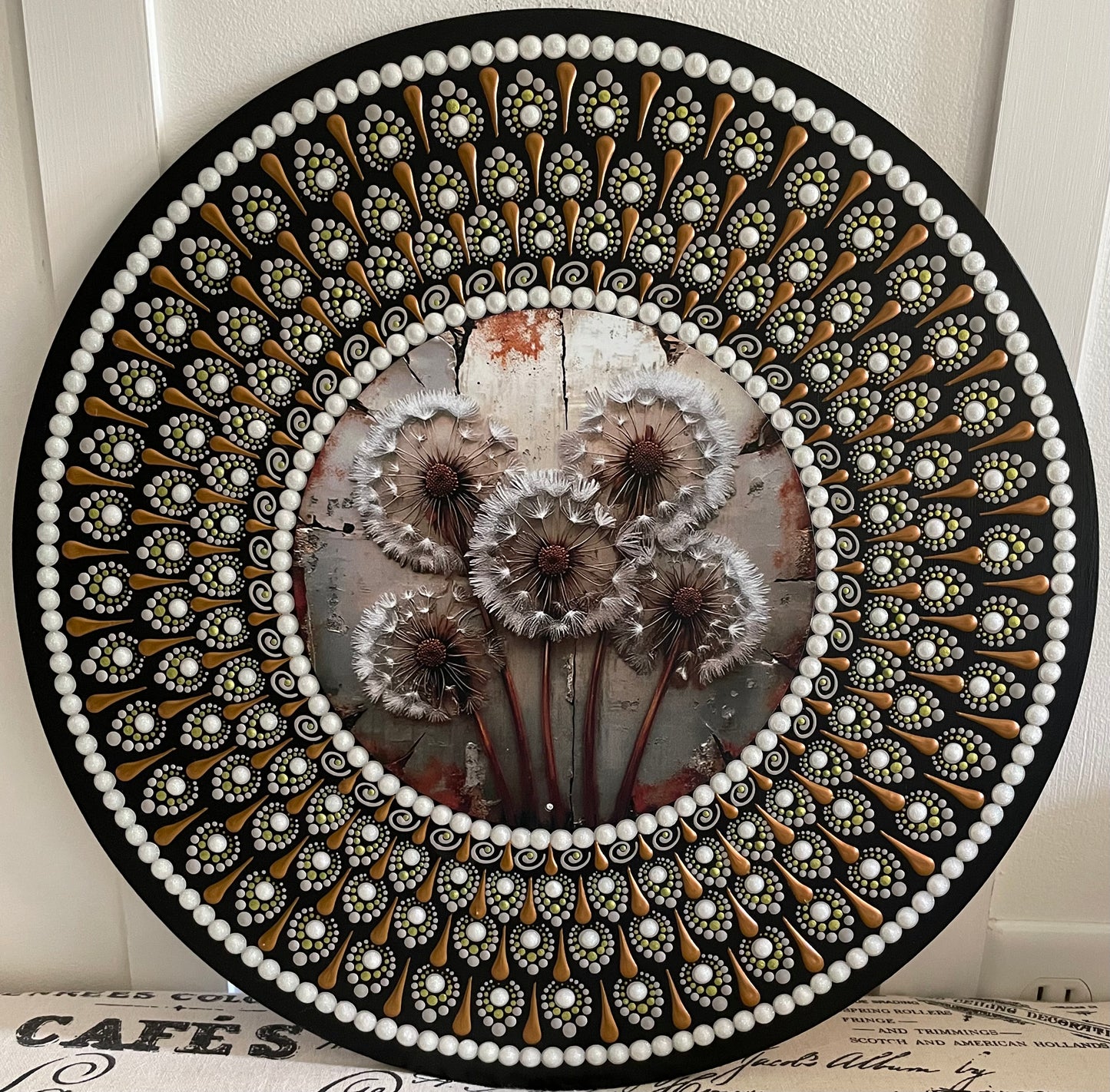 Hand painted dandelion plaque on a 16 inch wood round
