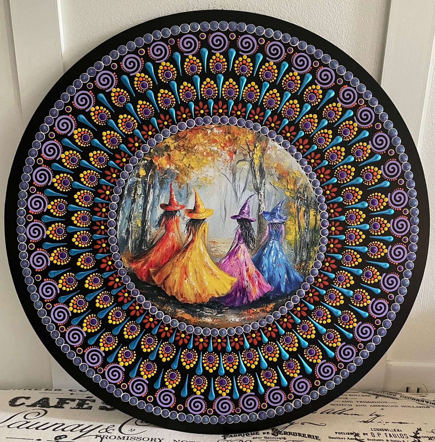 Hand painted witch plaque on a 16 inch wood round