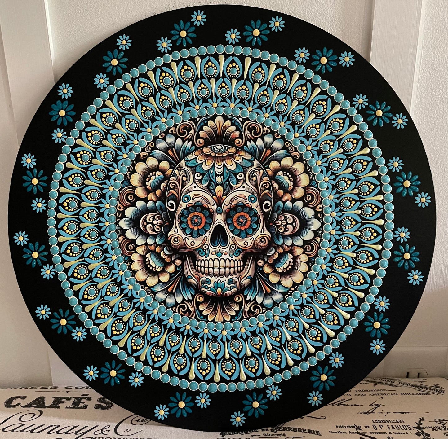 Handpainted sugar skull plaque on a 16 inch wood round