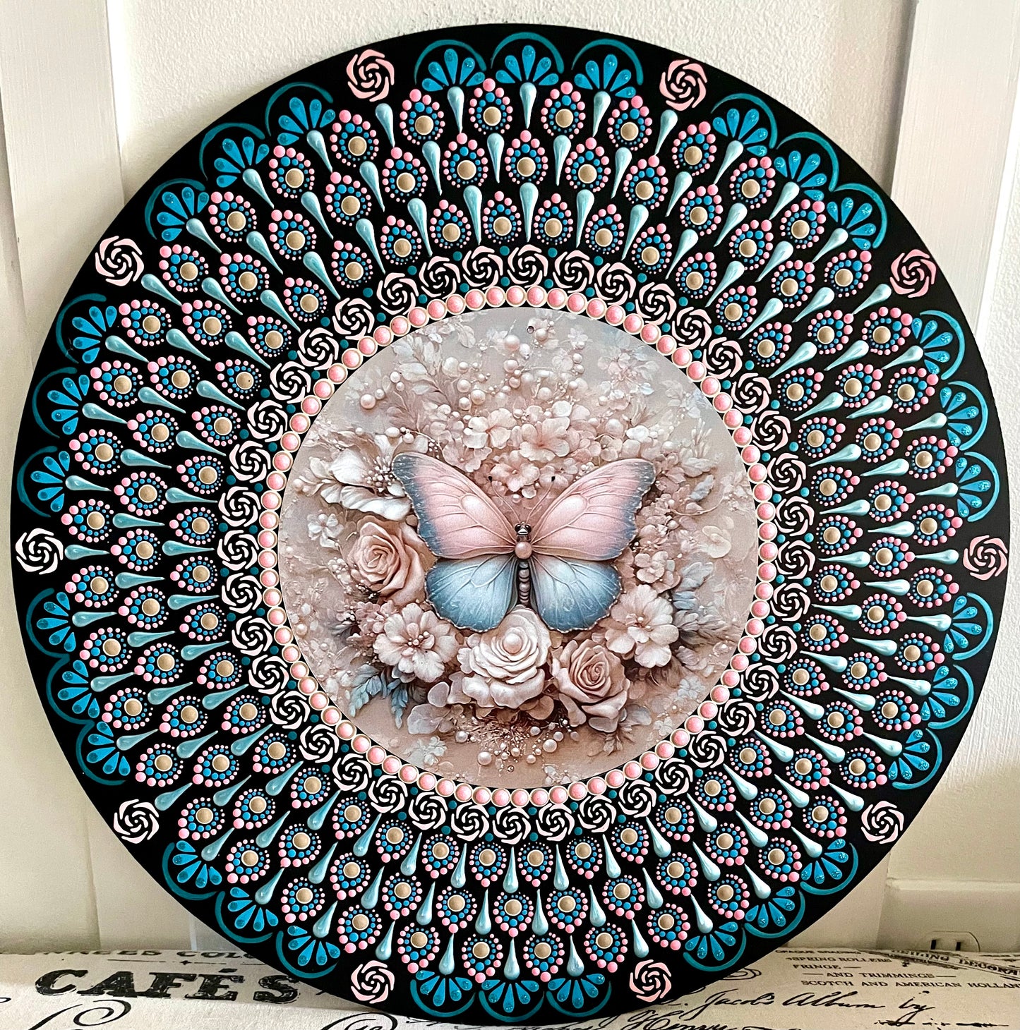 Hand painted butterfly plaque on a 16 inch wood round