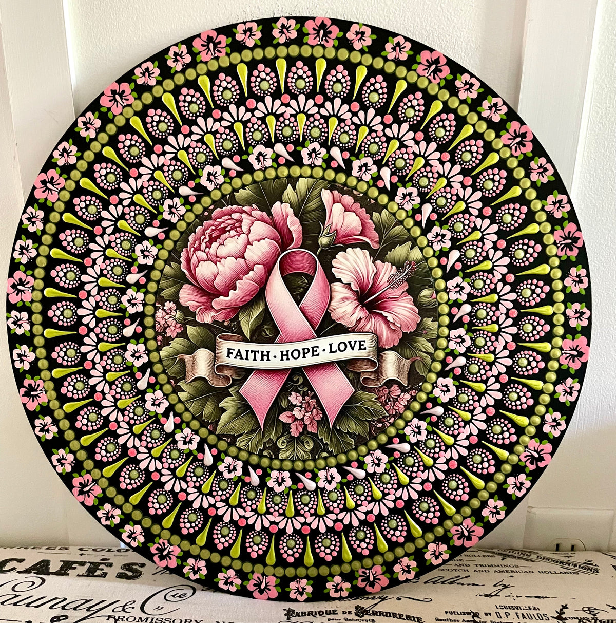 Handpainted breast cancer 16 inch wood round.