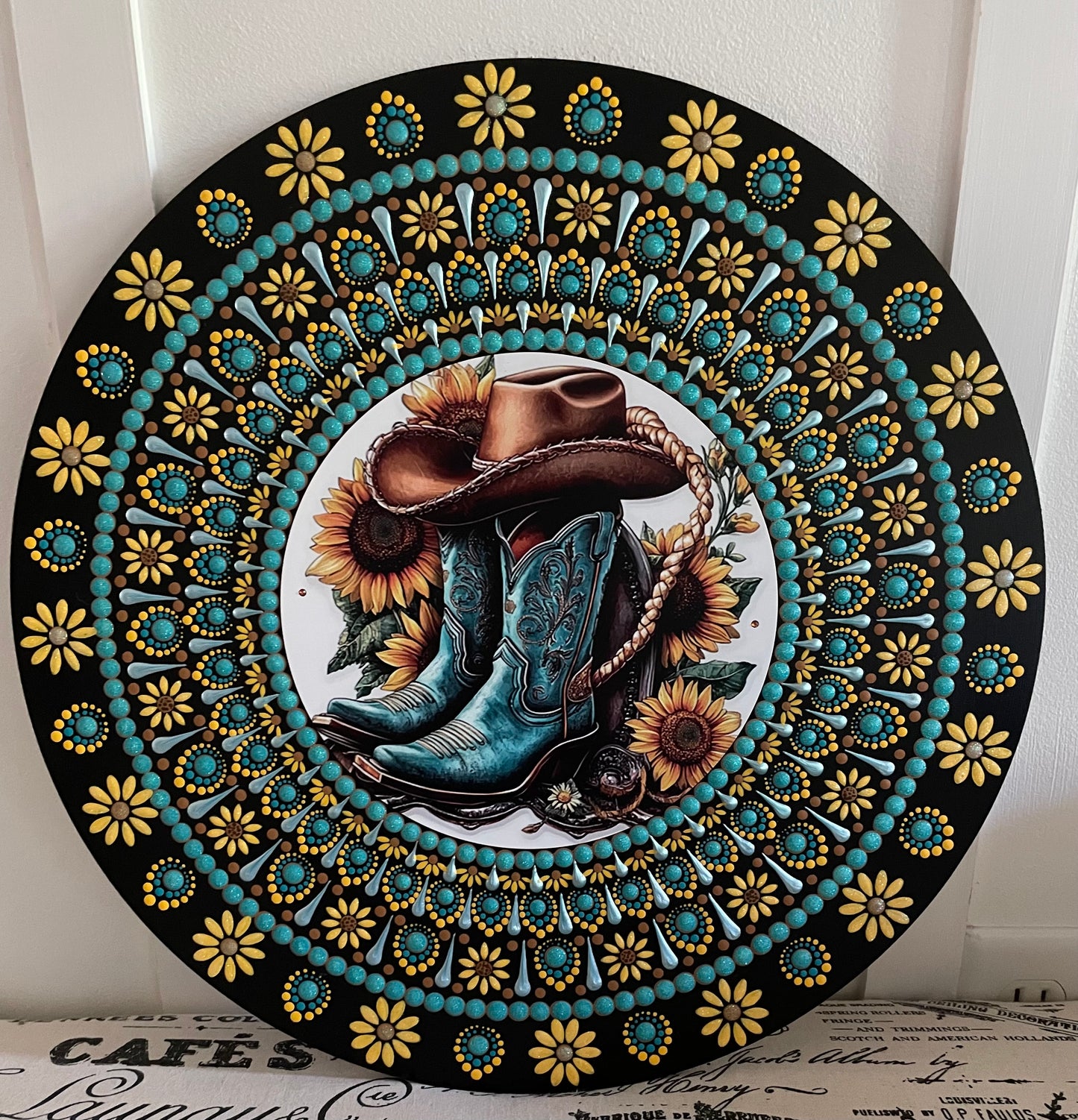 Handpainted Teal Boots plaque on 16 inch wood round