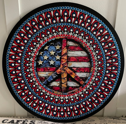 Handpainted American flag peace sign on a 16 inch wood round