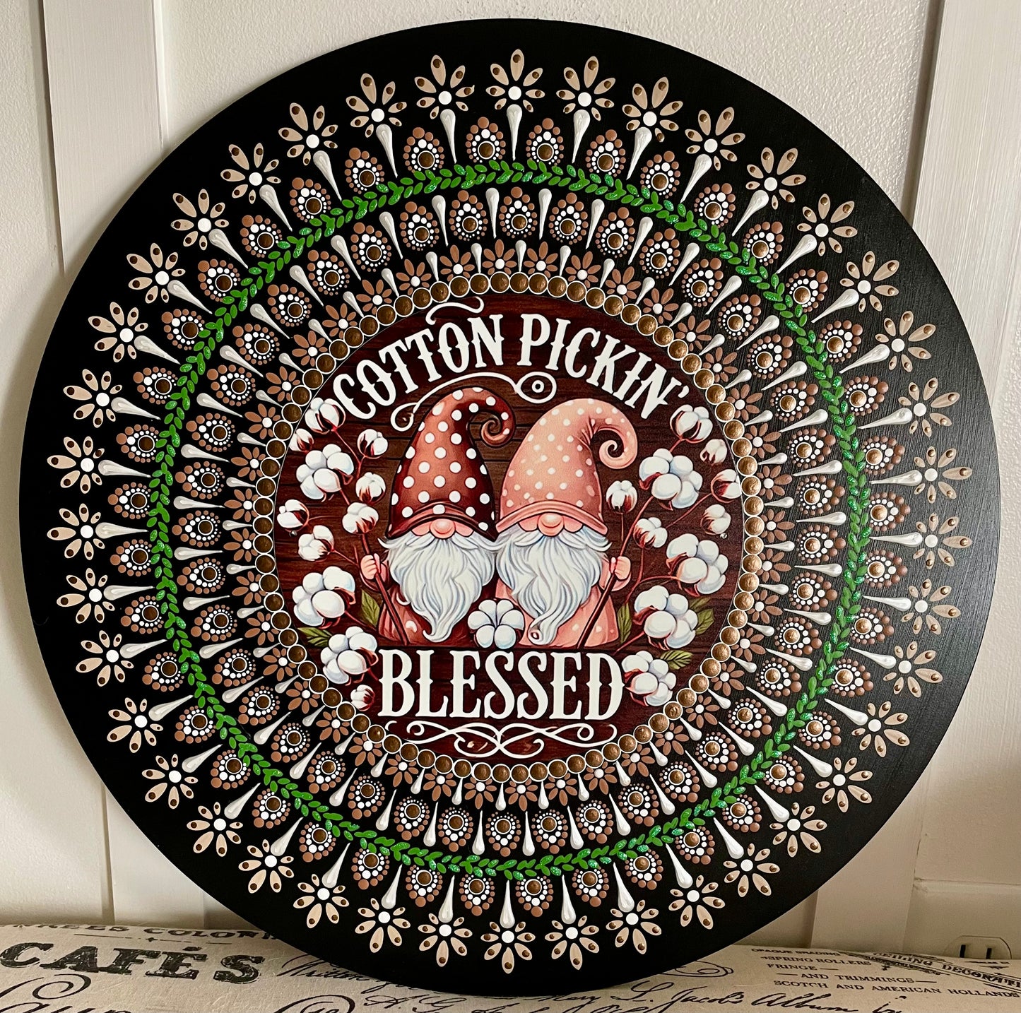 Hand painted gnome plaque on a 16 inch wood round 