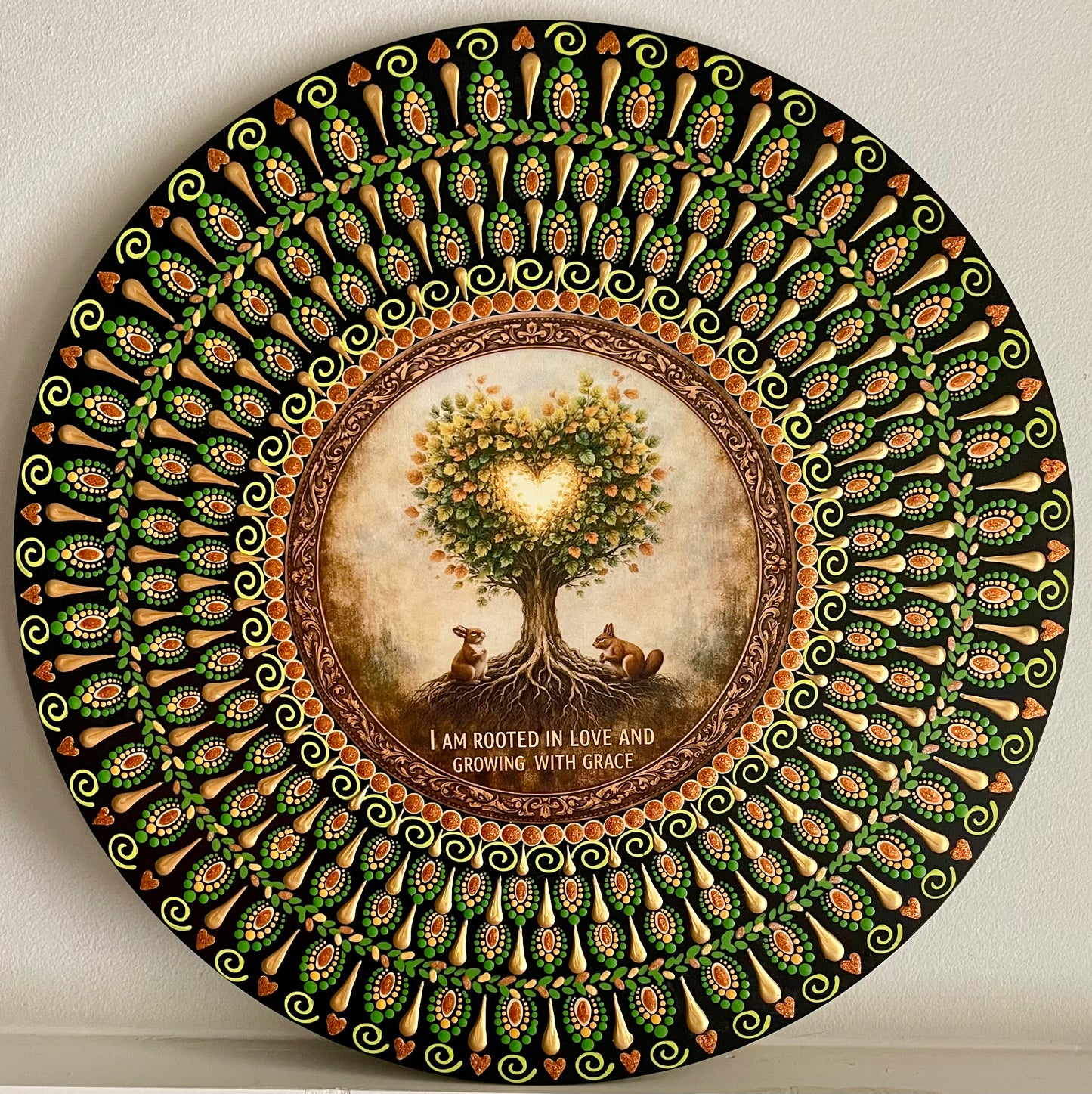 Hand painted rooted in love plaque on a 16 inch wood round