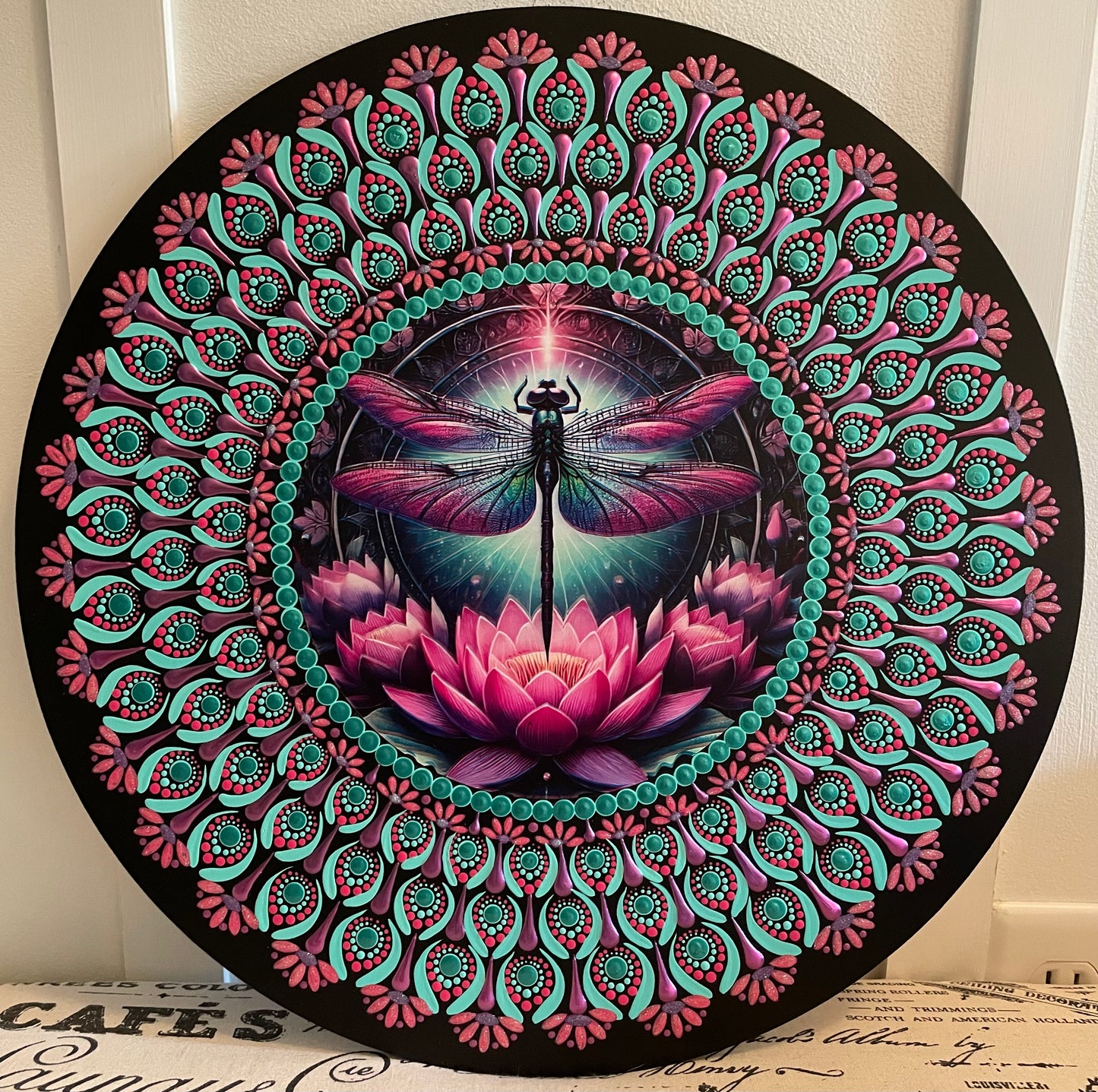 Handpainted Dragonfly plaque on 16 inch wood round