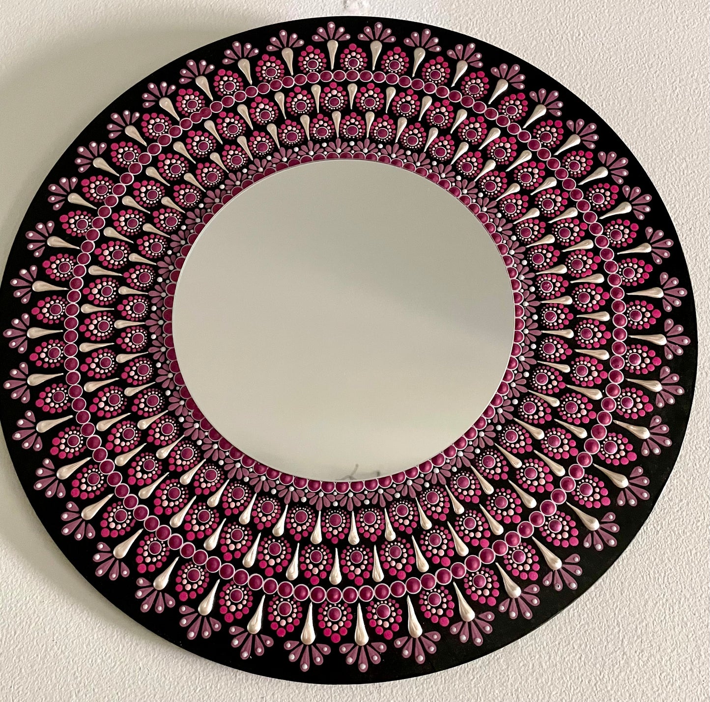 Hand painted Pink and silver mirror on 16 inch wood round