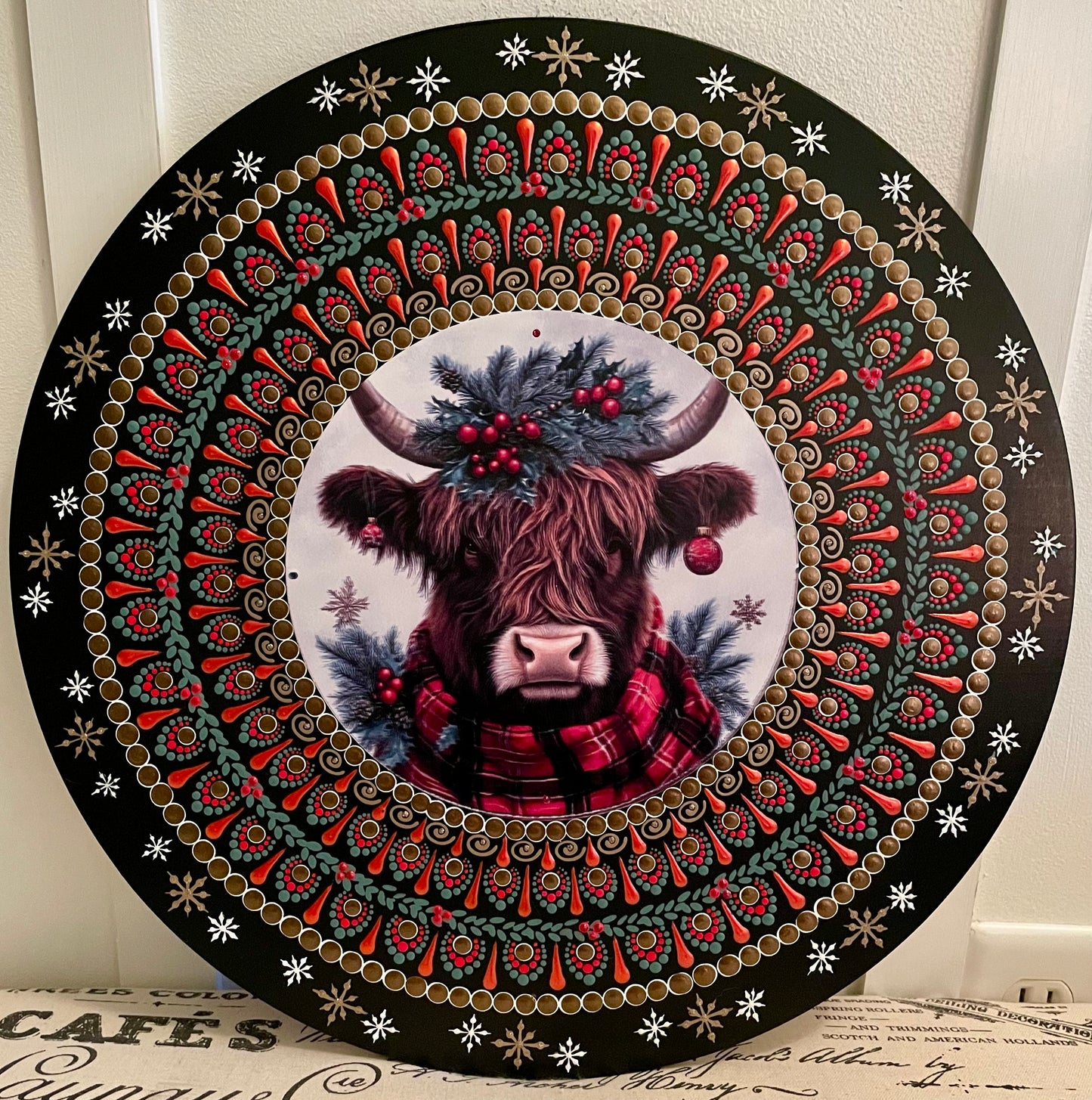 Hand painted Christmas Highland cow plaque on a 16 inch wood round 