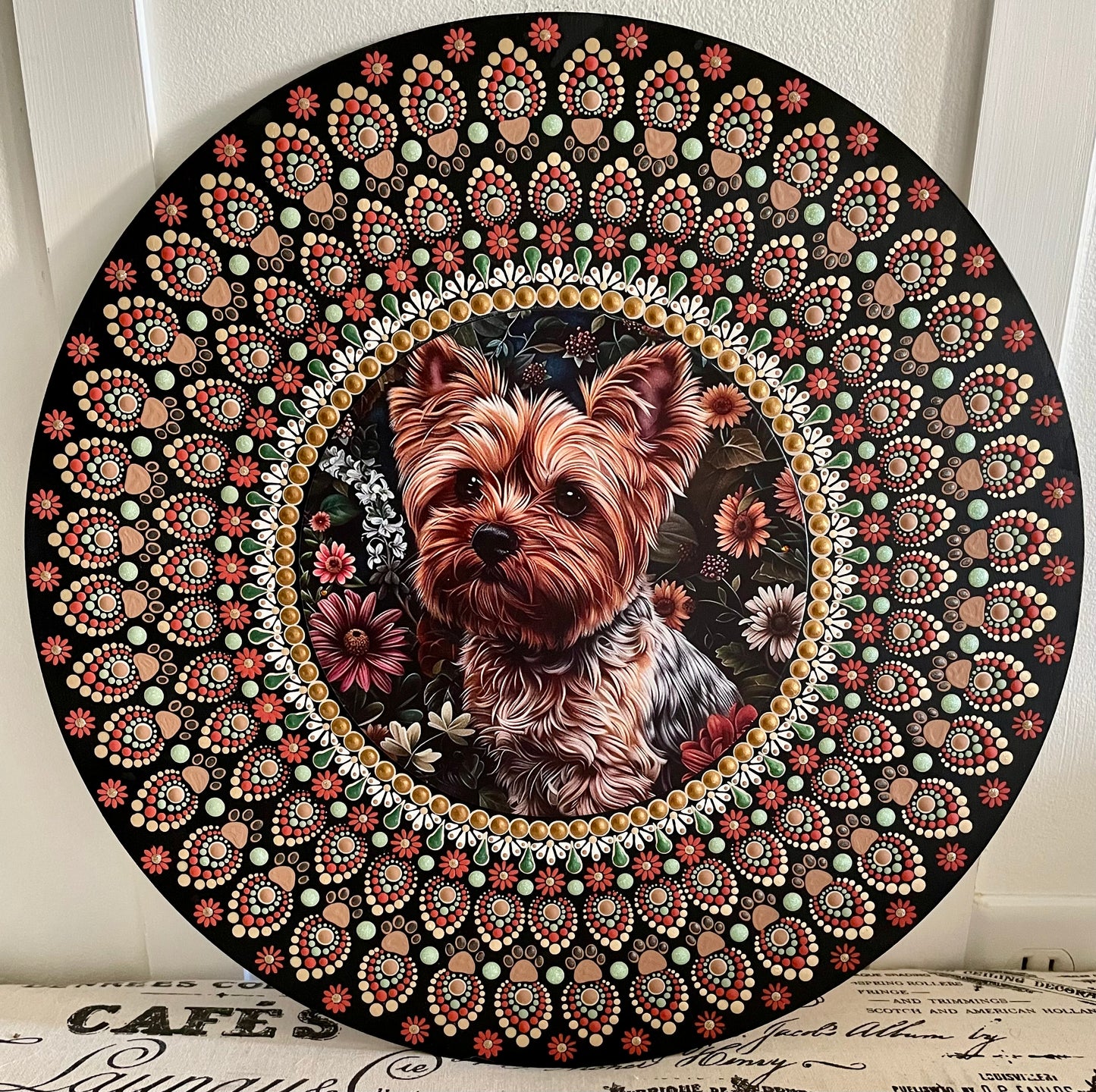 Hand painted yorkie plaque on a 16 inch wood round 