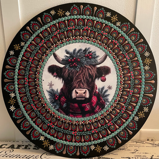 Handpainted Christmas Highland cow plaque on a 16 inch wood round