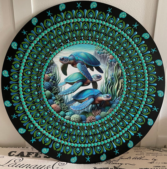 Handpainted turtle design on a 16 inch wood round