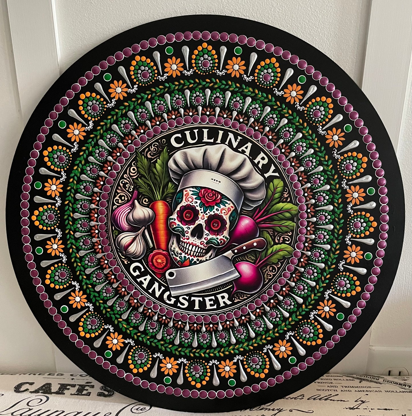 Handpainted culinary gangster plaque on a 16 inch wood round