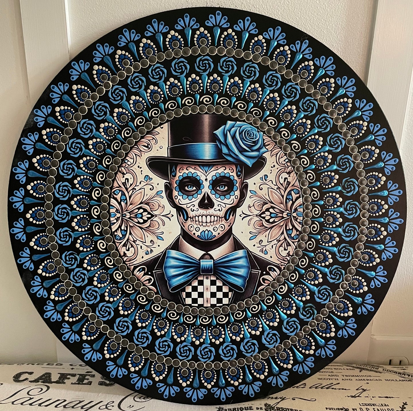 Hand painted sugar skull plaque on a 16 inch wood round 
