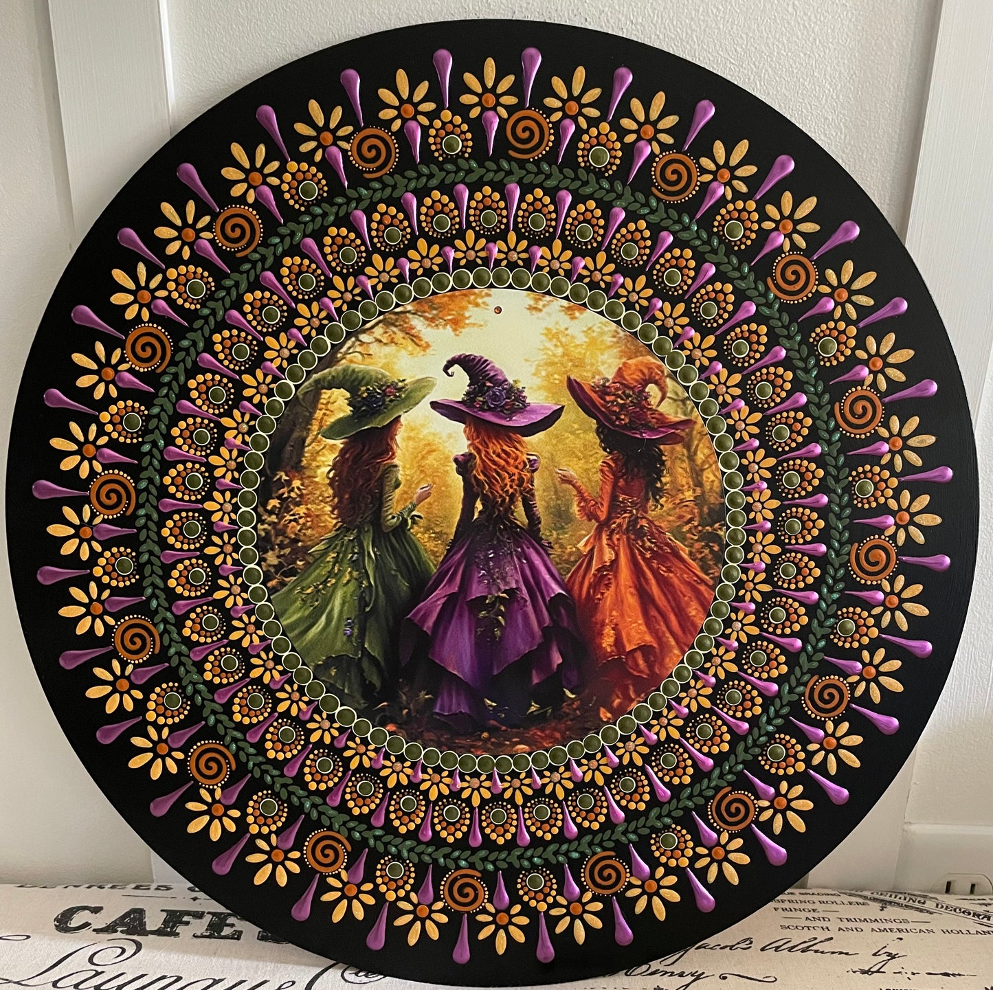 Handpainted witch plaque on a 16 inch wood round