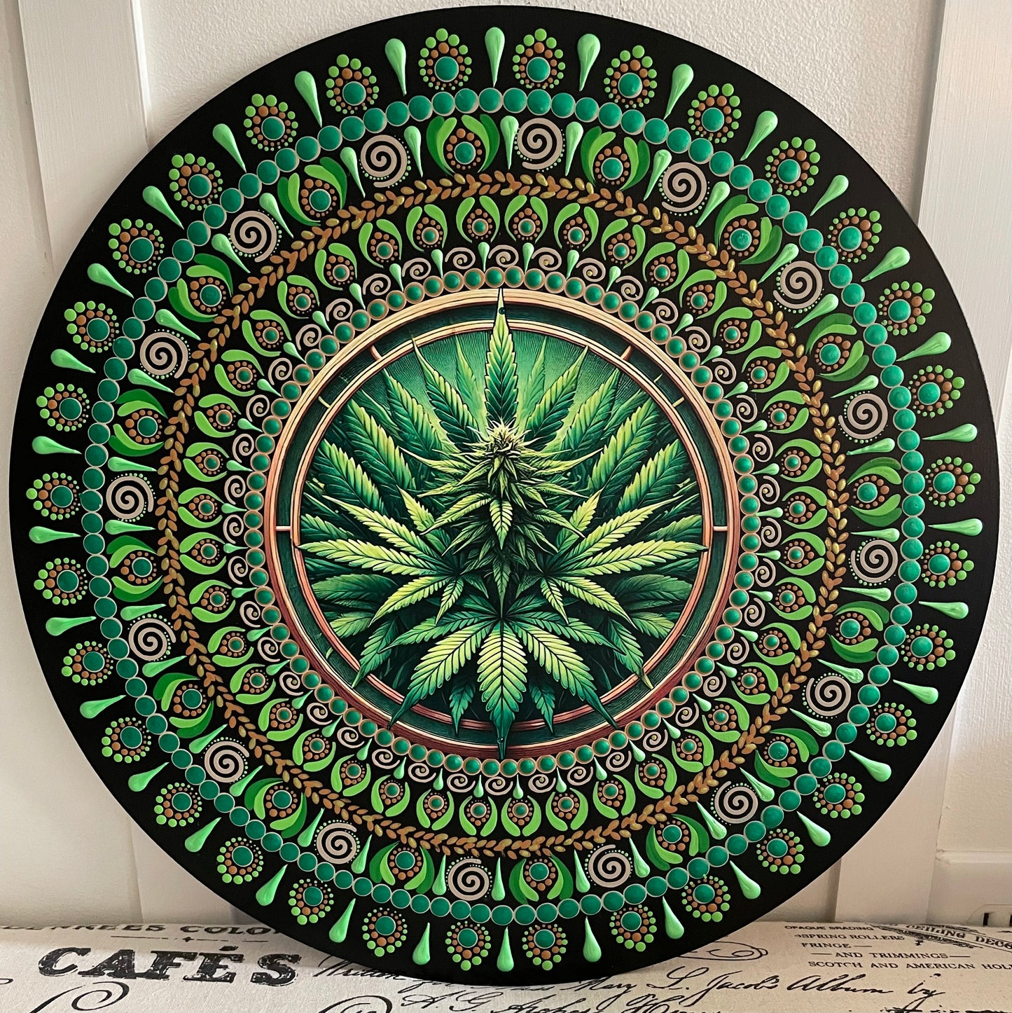 Hand painted leaf plaque on a 16 inch wood round
