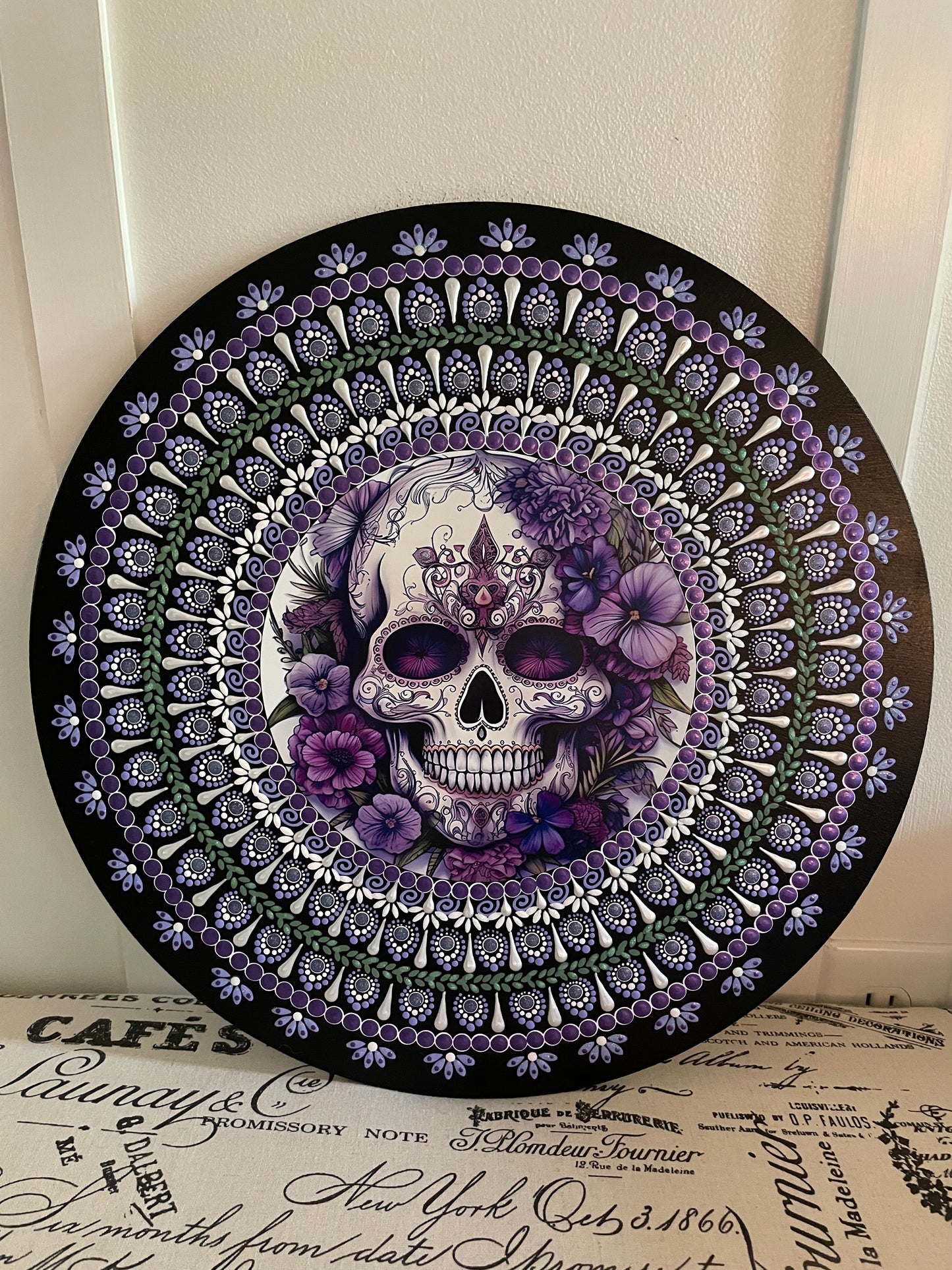 Handpainted purple sugar skull on 16 inch wood round