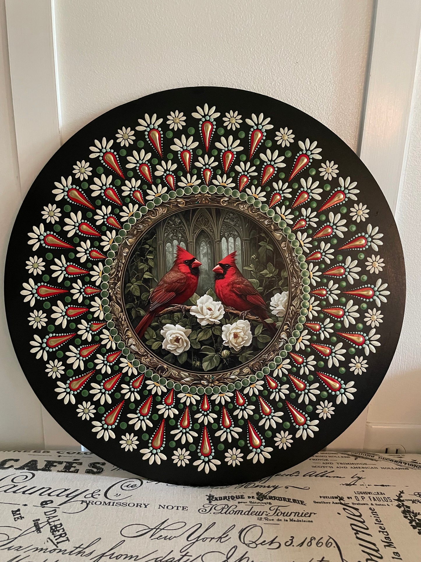 Handpainted Cardinal plaque on 16 inch wood round