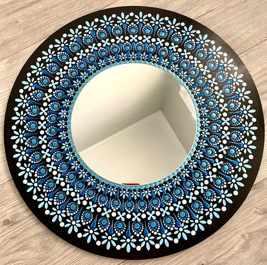 Hand painted blue mirror on a 16 inch wood round ￼