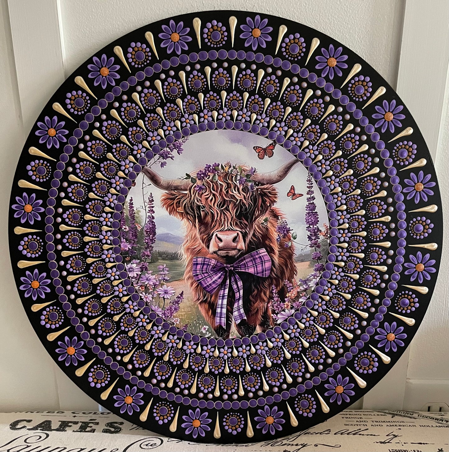 Handpainted Highland Cow plaque on 16 inch wood round