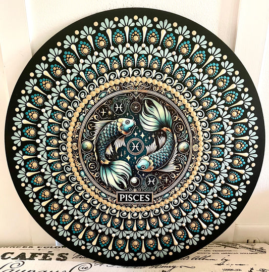 Hand painted Pisces plaque on 16 inch wood round