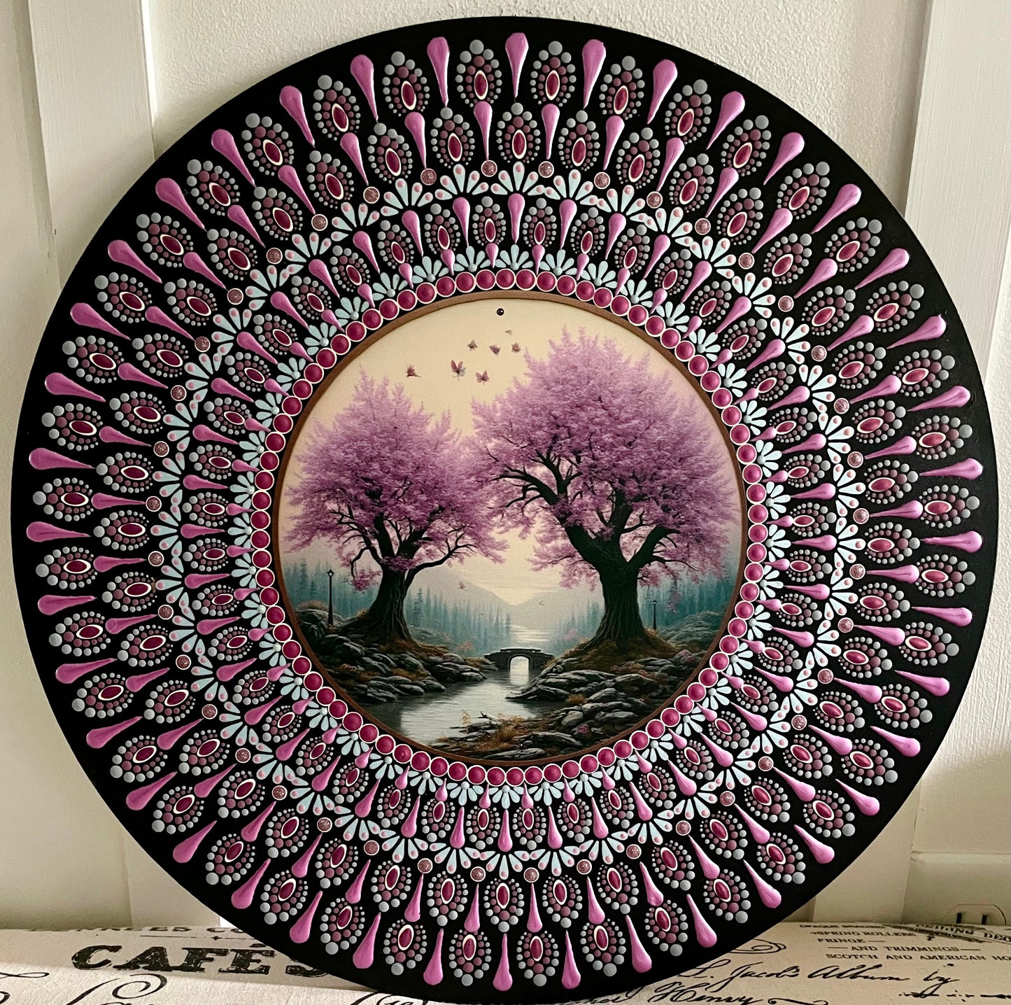 Hand painted pink tree plaque on a 16 inch wood round ￼
