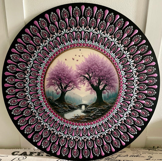 Hand painted pink tree plaque on a 16 inch wood round ￼