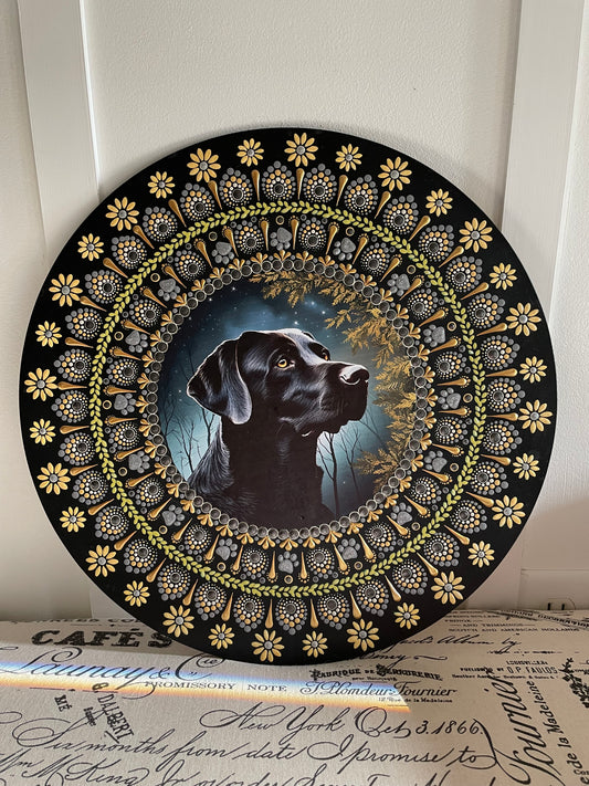 Handpainted Black Lab plaque on 16 inch wood round