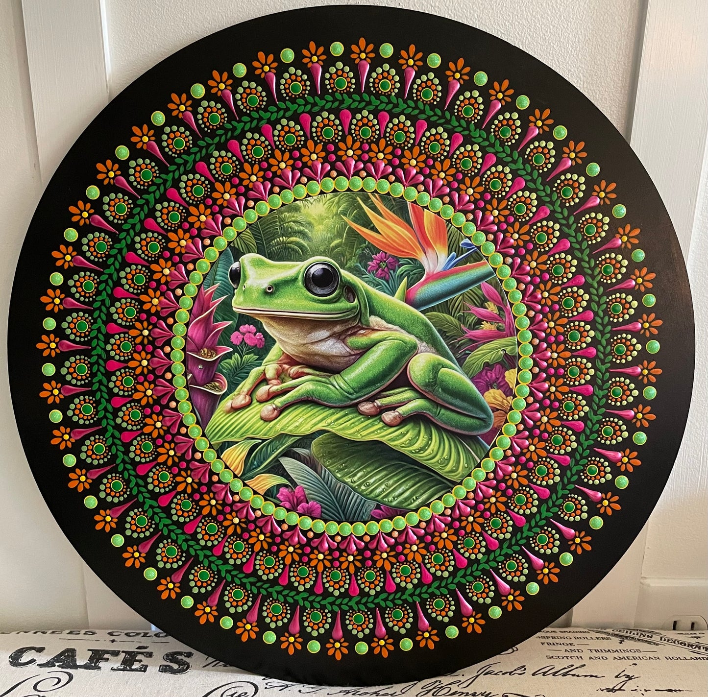 Handpainted Frog plaque on 16 inch wood round
