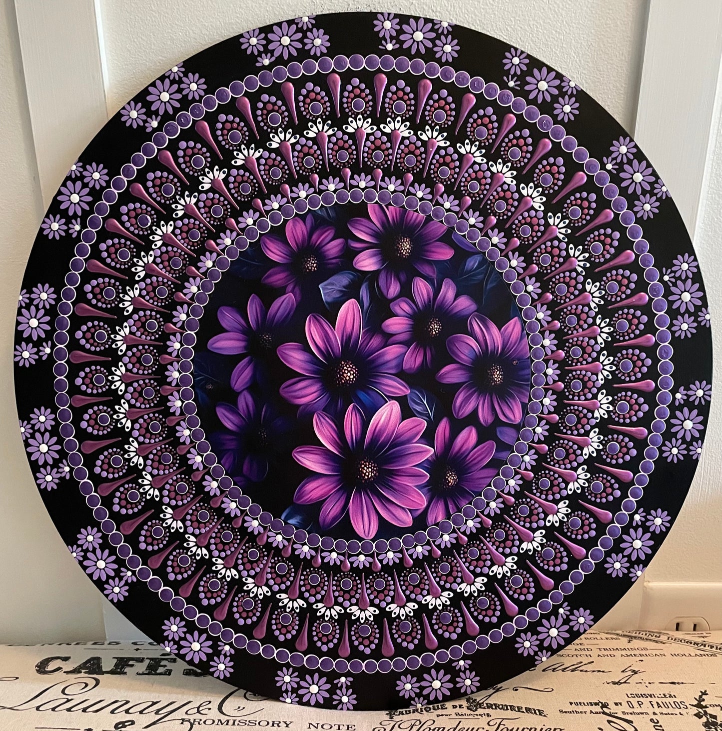 Handpainted purple daisy plaque on a 16 inch wood round