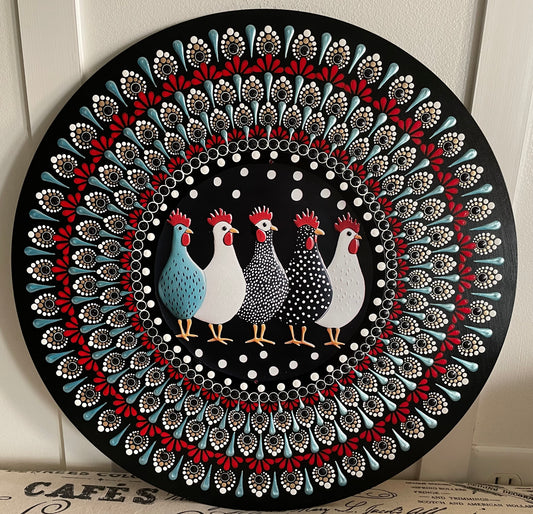 Hand painted chicken plaque on a 16 inch wood round ￼