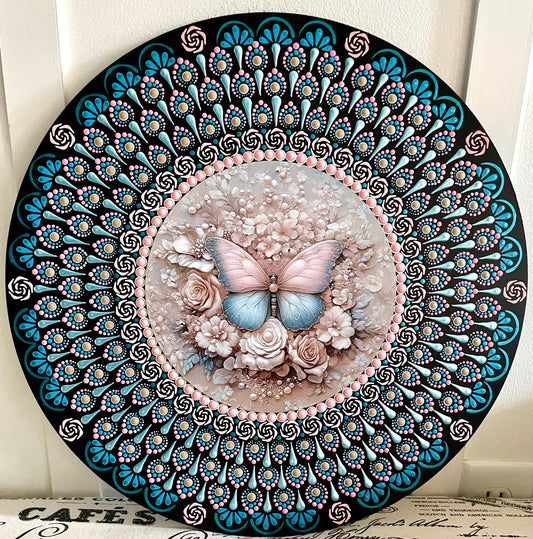 Hand painted butterfly plaque on a 16 inch wood round