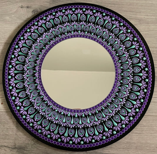 Hand painted 16 inch wood round with mirror in the center.