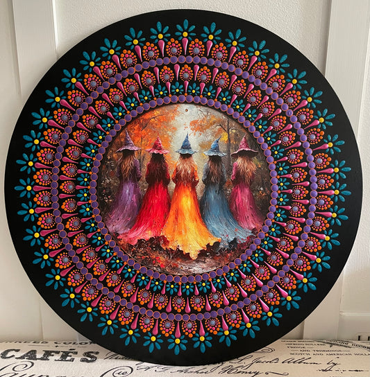 Handpainted Witches plaque on a 16 inch wood round
