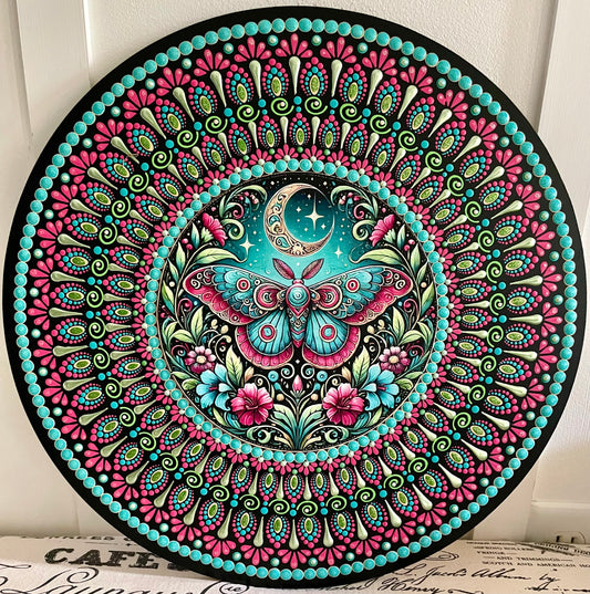 Hand painted moth plaque on a 16 inch wood round
