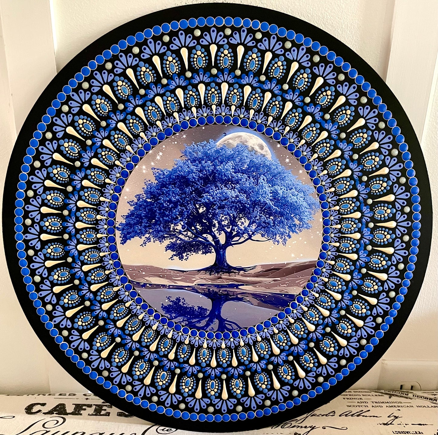 Hand painted blue tree plaque on a 16 inch wood round ￼