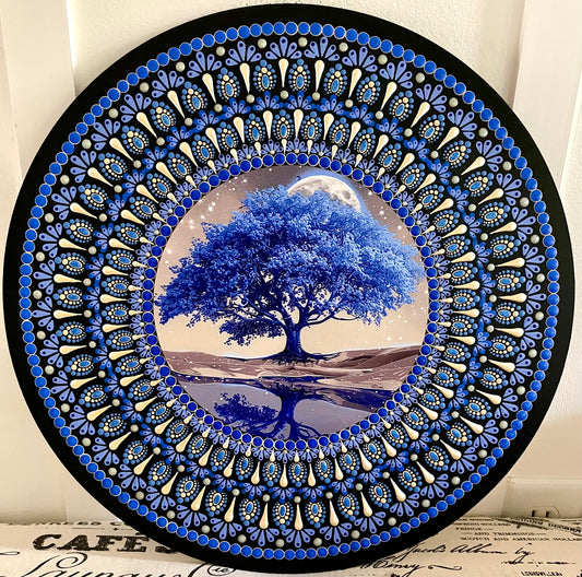 Hand painted blue tree plaque on a 16 inch wood round ￼