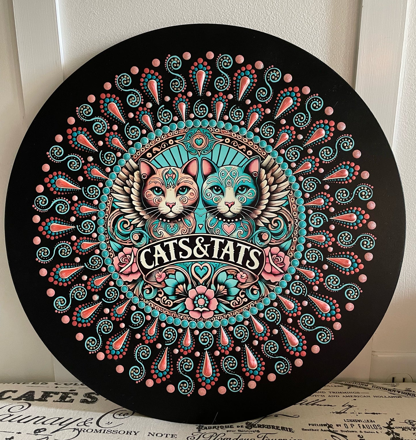 Handpainted Cats and Tats plaque on 16 inch wood round