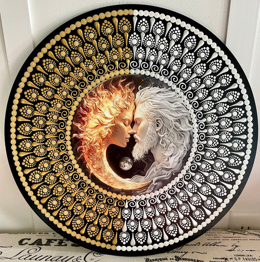 Hand painted sun and moon plaque on a 16 inch wood round ￼
