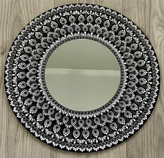 Hand painted black and white 16 inch round plaque with an 8 inch mirror in the center