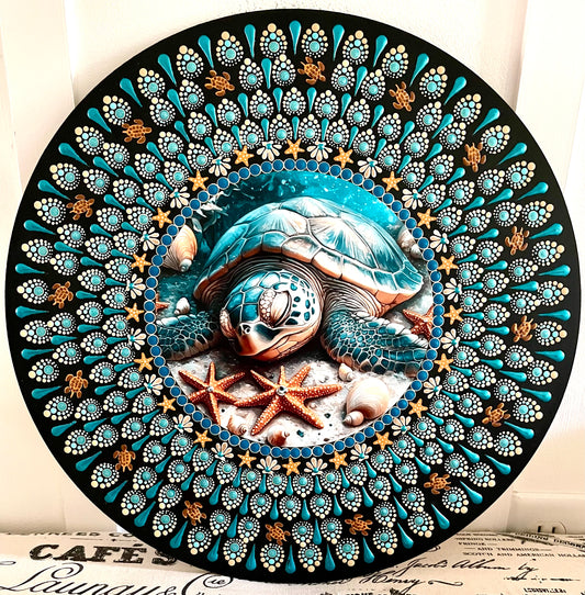 Hand painted sea turtle plaque on a 16 inch wood round ￼