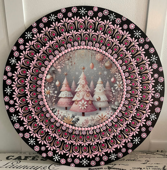 Hand painted pink Christmas trees plaque on a 16 inch wood round