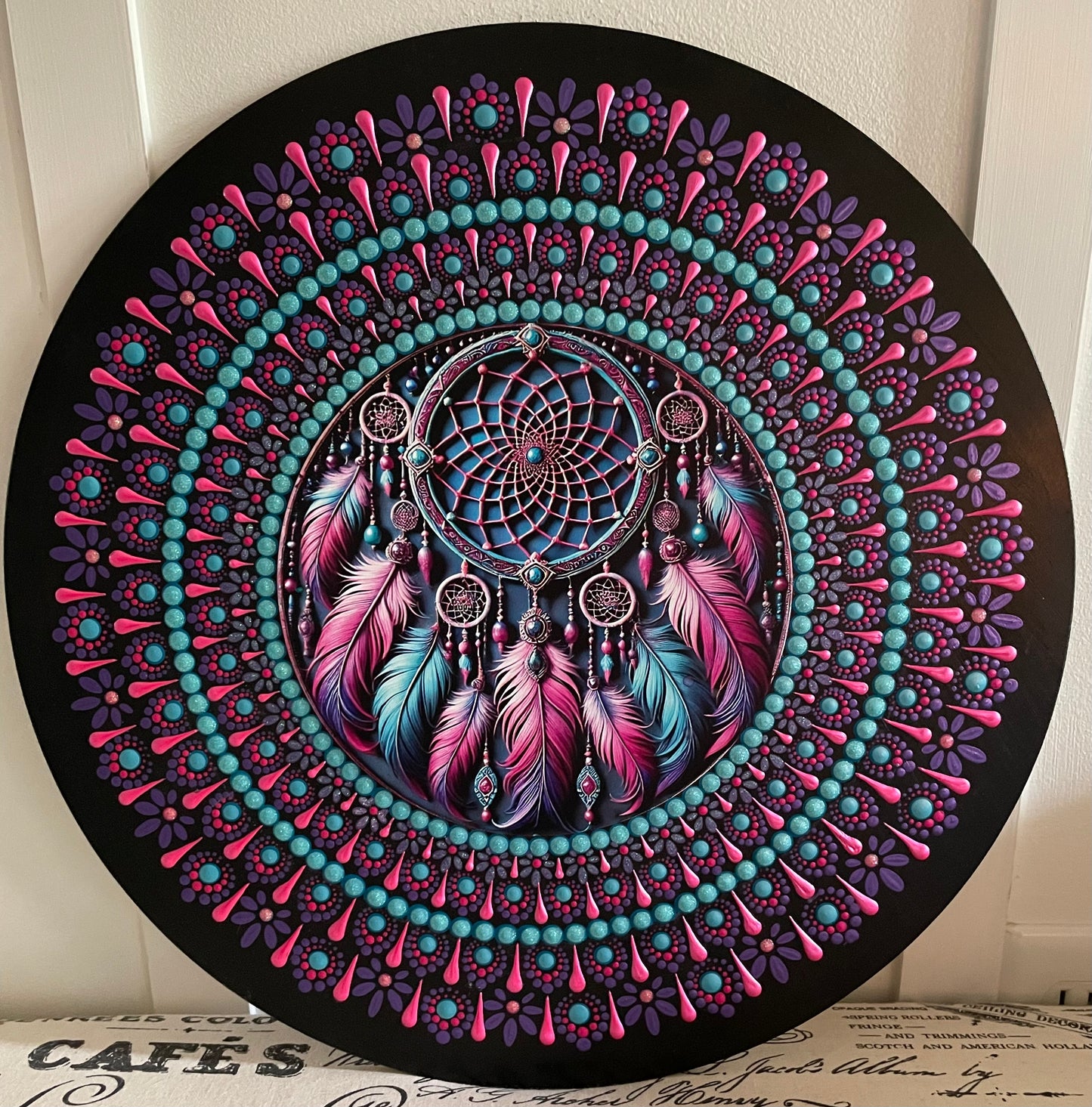 Handpainted dreamcatcher plaque on 16 inch wood round