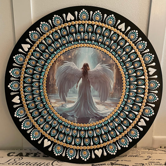Handpainted angel plaque on a 16 inch wood round