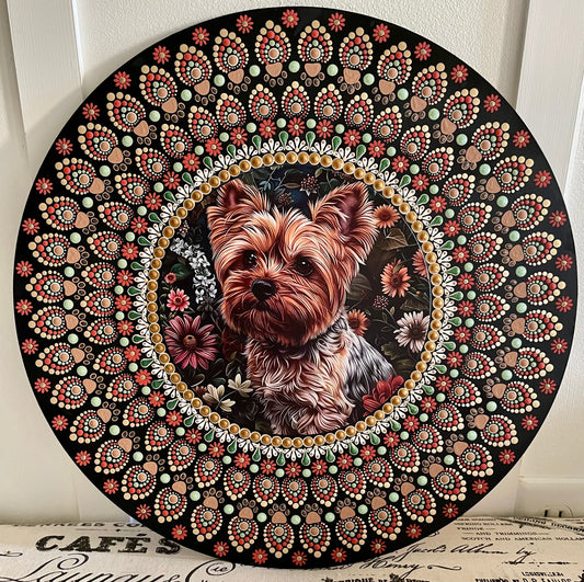 Hand painted yorkie plaque on a 16 inch wood round ￼