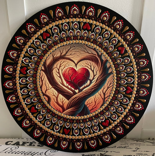 Hand painted heart in tree plaque on a 16 inch wood round ￼