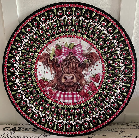 Hand painted strawberry highland cow plaque on a 16 inch wood round.